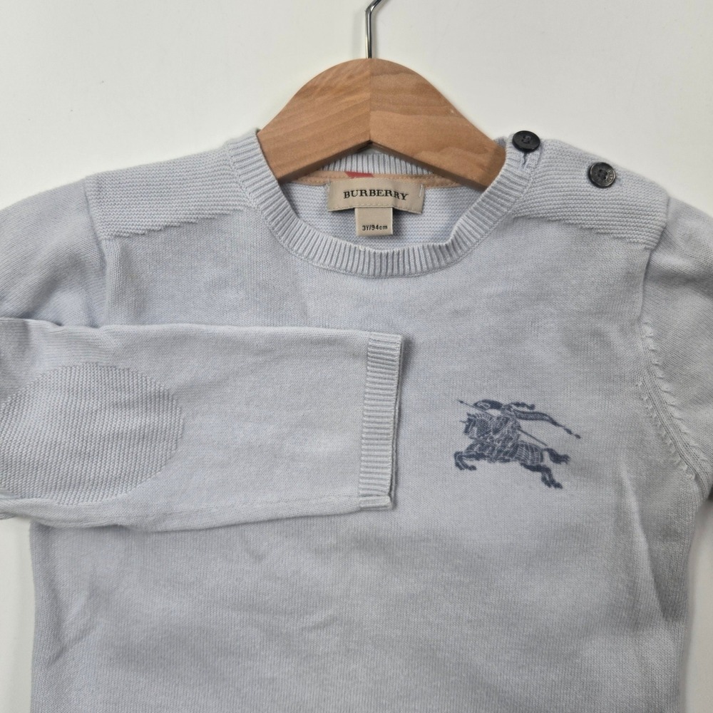 Burberry Sweater Kids 3Y Light Blue Prorsum Knight Logo Shoulder Button Knit